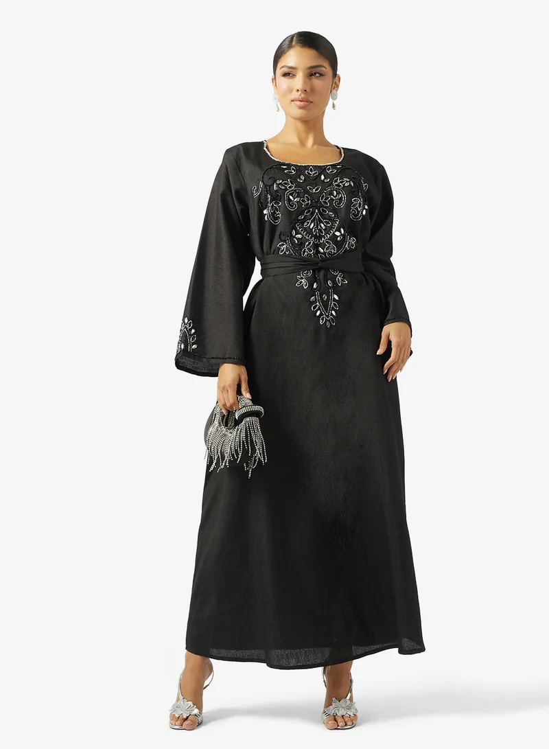 hayas closet Black Embellished Jalabiya with Belt